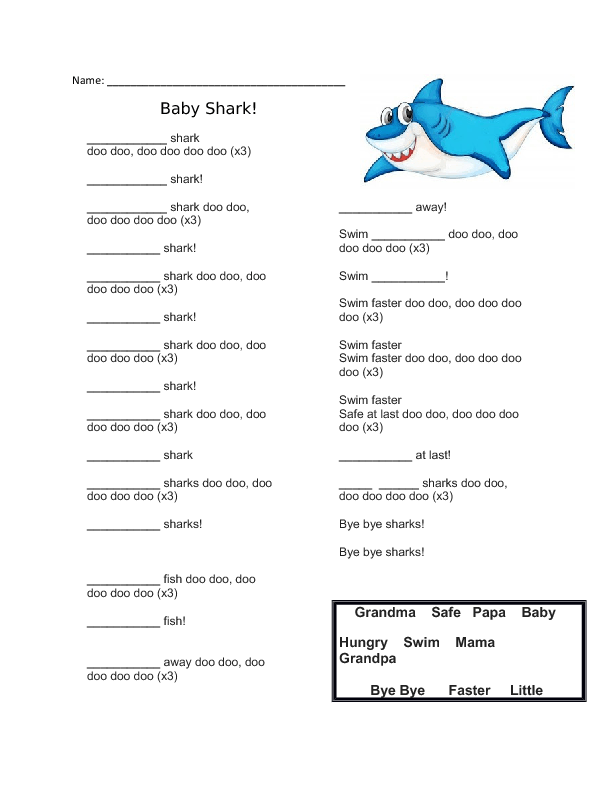 Песни акуленок на английском. Baby Shark текст. Текст песни Baby Shark. Baby Shark Worksheets. Baby Shark Song текст.