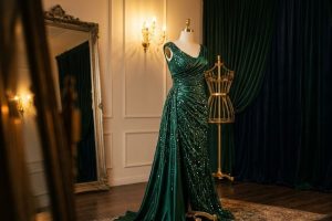 Роскошное вечернее платье с пайетками на манекене в студии