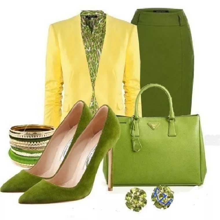 Сочетание зеленого цвета с другими цветами в одежде у женщин